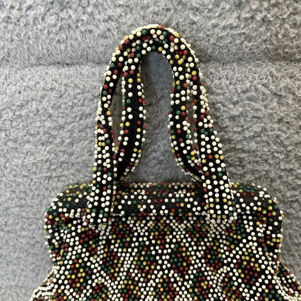 Vintage Purse Black Multicolored Beaded Cloth Clutch Handbag Hong Kong Fun Color